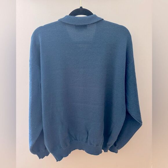 Vintage 1970s HUGO BOSS Men's Blue Pure New Wool Polo Sweater w/ Emblem Patch 50 - Picture 2 of 10